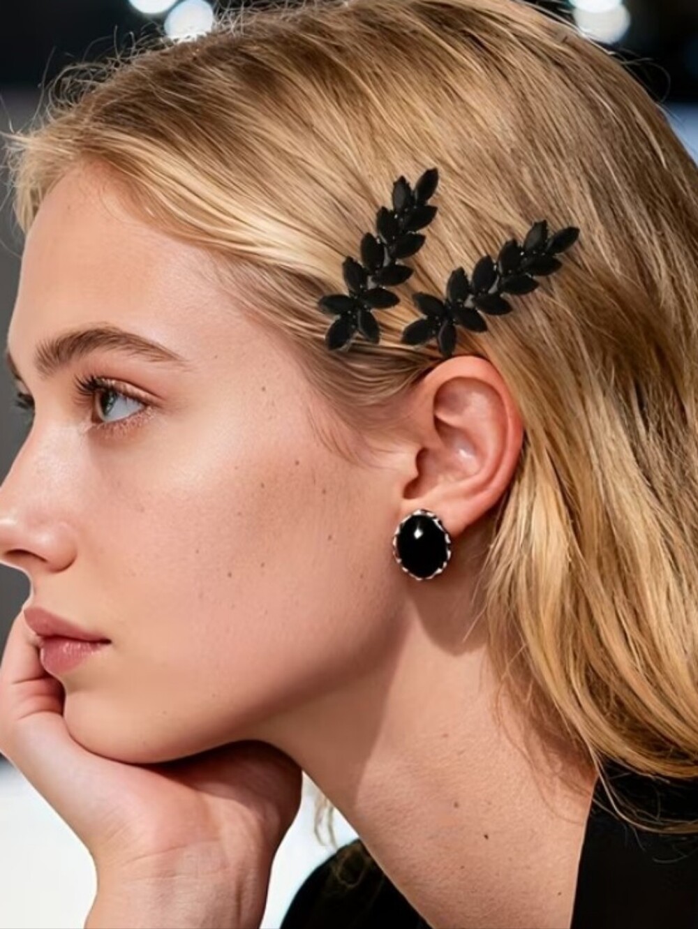 NEW! Chic Black Zircon Leaf Hair Clip Metal - Elegant Women's Accessory